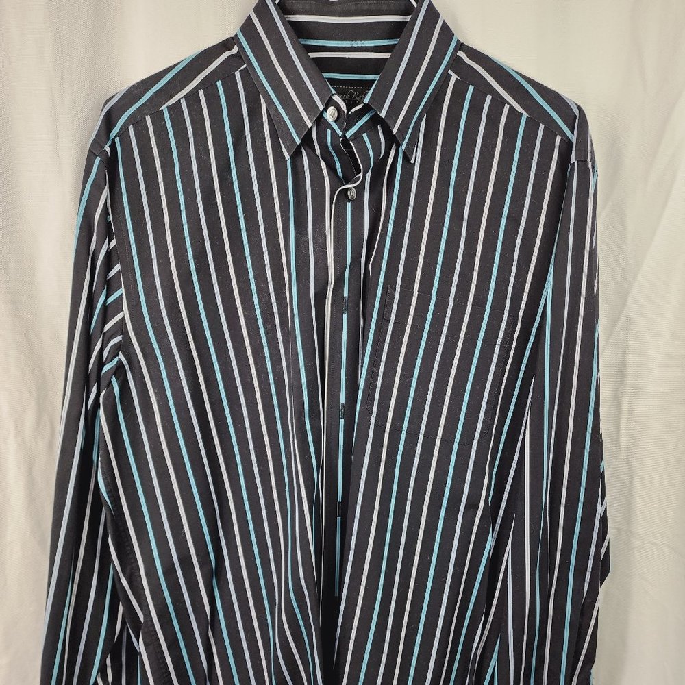 Kenneth Roberts black with blue and white striped dress shirt, size Large